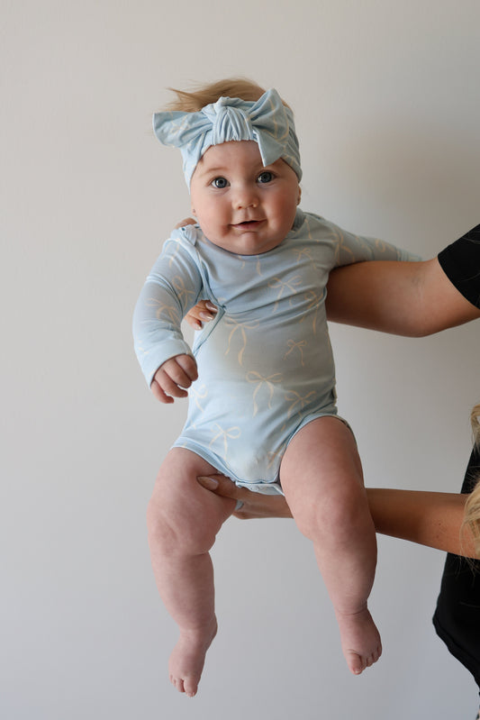 Long Sleeve Bamboo Snapsuit | Blue Bows